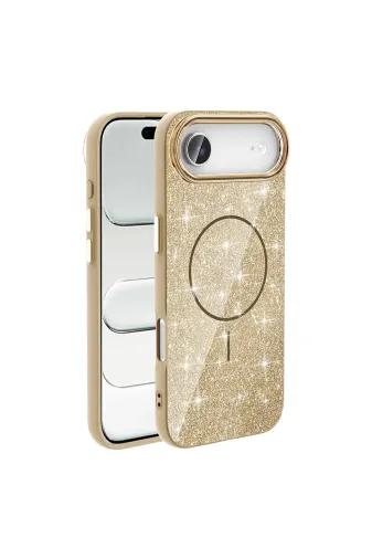Techaks T39586-TCHS Iphone 17 Air Kılıf M-Safe Şarj Özellikli Parlayan Simli Tchs Okso Kapak - Gold