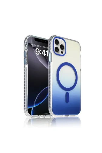 Techaks T39663-TCHS Iphone 16 Pro Kılıf M-Safe Şarj Özellikli Transparan Renk Geçişli Tchs Toros Kapak - Mavi