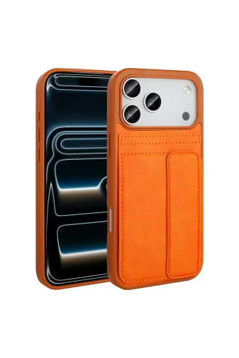 Techaks T39889-TCHS Iphone 17 Pro Max Kılıf Pu Deri Kartlıklı Zore Sevilla Kapak - Turuncu
