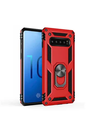 Techaks T8268-TCHS Galaxy S10 Kılıf Kamera Çıkıntılı Standlı Yüzüklü Mıknatıslı Zırh Kapak Vega - Kırmızı