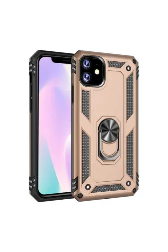 Techaks T9992-TCHS İphone 11 Kılıf Kamera Çıkıntılı Standlı Yüzüklü Mıknatıslı Zırh Kapak Vega - Gold
