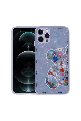 Techaks TCHS-23353 Iphone 12 Pro Max Uyumlu Desenli Sert Silikon Zore Mumila Kılıf-Lilac Bear