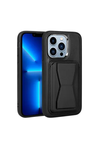 Techaks TCHS-25964 Iphone 13 Pro Max Uyumlu Kartlıklı Standlı Pu Deri Zore Memo Kılıf-Siyah