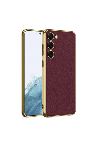 Techaks TCHS-26172 Galaxy S23 Uyumlu Deri Görünümlü Kenarları Elektroplating Kaplama Zore Fizyon Kılıf-Kırmızı