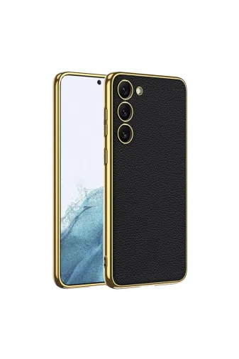 Techaks TCHS-26173 Galaxy S23 Plus Uyumlu Deri Görünümlü Kenarları Elektroplating Kaplama Zore Fizyon Kılıf-Siy