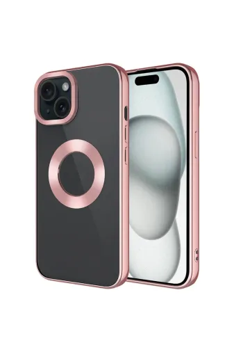 Techaks TCHS-29795 Iphone 15 Plus Uyumlu Tek Kamera Çerçeveli Logo Gösteren Zore Omega Kılıf-Rose Gold
