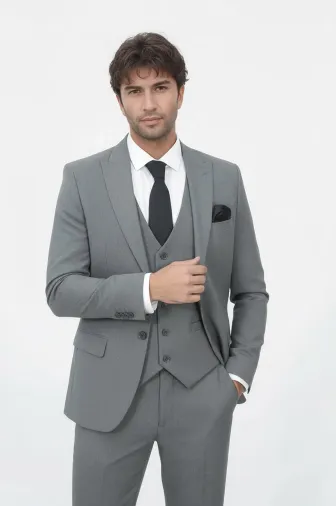 Tek Düğmeli Slim Fit Gri Yelekli Erkek Takım Elbise - Wessi