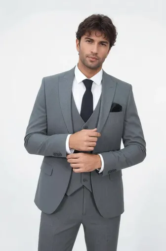 Tek Düğmeli Slim Fit Koyu Gri Yelekli Erkek Takım Elbise - Wessi
