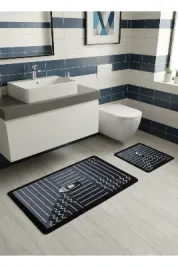 Tekne Desen Çizgi Desenli 2 li Deri Taban Banyo Paspas (70x110 - 70x50)
