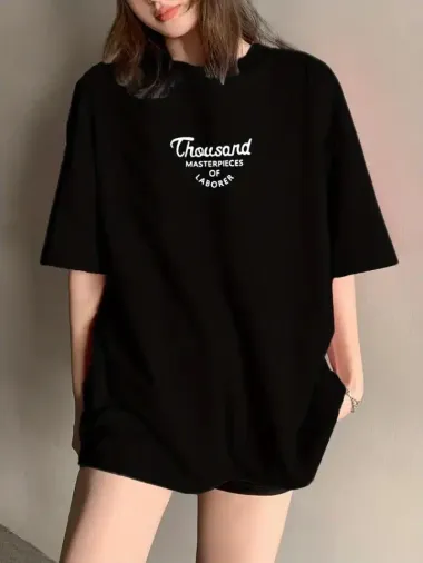 Thousand Baskılı Oversize Bisiklet Yaka T-shirt - Siyah - XL - Siyah