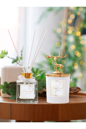 Tiem Concept 8682764771222 Geyik Başlıklı Gold Detaylı Çubuklu Oda Kokusu 100 Ml Ve Beyaz Bardak Mum Seti