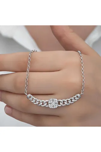 Toptan Bulurum TL-869203876721923T8194 Gümüş Gurmet Zincirli Kare Baget Taşlı Kadın Kolye