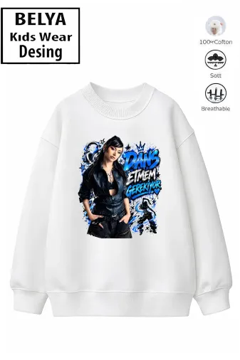 Trend Çocuk Kız Model Tam Kalıp Oversize Hilal Tasarım 2 İplik Pamuğa Pamuk Kumaş Sweatshirt 115