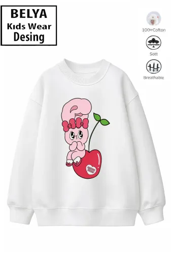 Trend Çocuk Kız Model Tam Kalıp Oversize Kiraz Tasarım 2 İplik Pamuğa Pamuk Kumaş Sweatshirt 44
