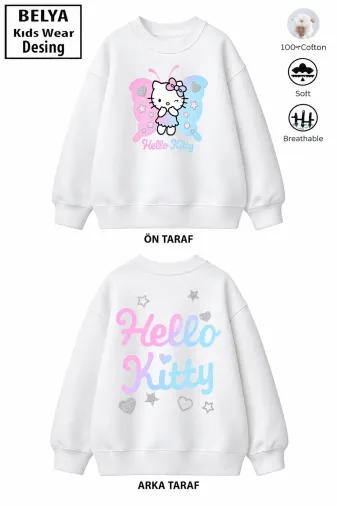 Trend Çocuk Kız Model Tam Kalıp Oversize Ön Arka Baskılı Hello 2 İplik Pamuğa Pamuk Kumaş Sweatshirt