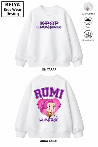 Trend Çocuk Kız Model Tam Kalıp Oversize Ön Arka Baskılı Rumi 2 İplik Pamuğa Pamuk Kumaş Sweatshirt