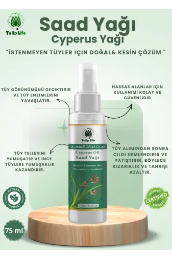 tulip life SAAD2 Tüy Azaltıcı Ve Tüy Önleme Saad Yağı Cyperus Oil Soğuk Sıkım Cold Press 75 Ml