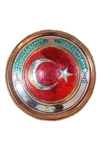 TÜR BAYRAK 25 CM EBATLI Bakir Tablo Türk Bayraği Modelli 25 Cm Ebatli Özel El İşçiliği A++ Kalite Safir Çay Kazanlari