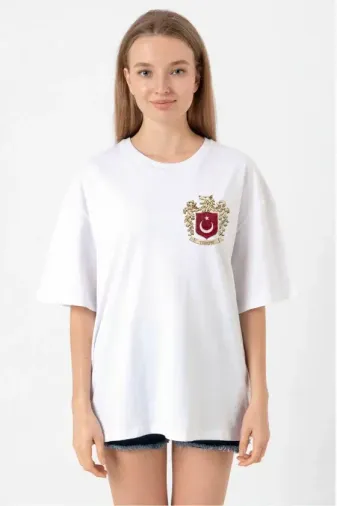 Türk Arma Baskılı Oversize Bisiklet Yaka Günlük T-shirt - Beyaz - M - Beyaz