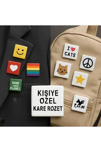 Tu&Se Candles Kare Rozet 20 Adet Kişiye Özel Kare Rozet 50X50 Mm – 20 Adet Set, İğneli Arka Yüzey, Canlı Baskı