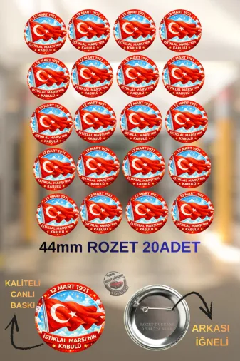 tuse rozet dükkanı 12 Mart İstiklal Marşı Rozeti 44Mm 20’Li Set – Okul Etkinlik Rozeti