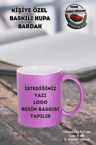 tuse rozet dükkanı Mor Simli Porselen Kupa – İsim, Logo Veya Yazı Baskılı Kişiye Özel Tasarım