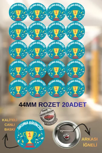 tuse rozet dükkanı Okuma Birincisi 44mm Rozet 20Lİ Okuma Birincisi Rozeti 20 Adet | 44Mm İlkokul Başarı Rozeti | Öğrenci Ödül Rozeti