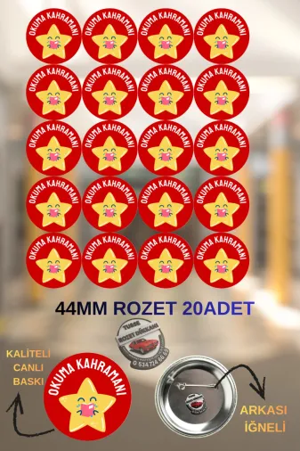 tuse rozet dükkanı Okuma Kahramanı Rozeti  Öğrenci Rozeti Okuma Kahramanı Rozeti 44Mm | 20 Adet Öğrenci Rozeti