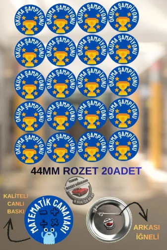 tuse rozet dükkanı Okuma Şampiyonu Rozeti 44Mm | 20’Li Okul Rozet Seti