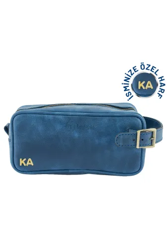 twingold AK01002 İsme Özel Dopp Kit Kişisel Bakım Ve Seyahat Çantası - %100 Rainbow Deri - Ac14004 - Saks Mavisi