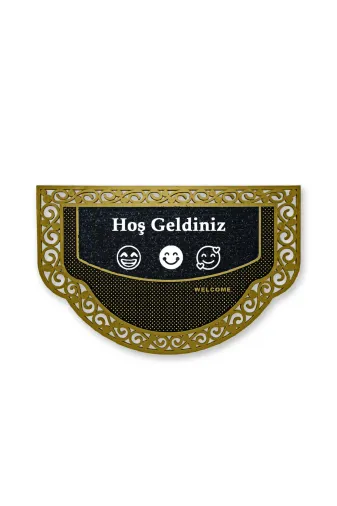 TYC856e6129a498c16306460 Yarım Ay Modeli Hoş Geldiniz Yazlı Gülen Emoj Desenli Kapı Önü Paspası Altın Rengi