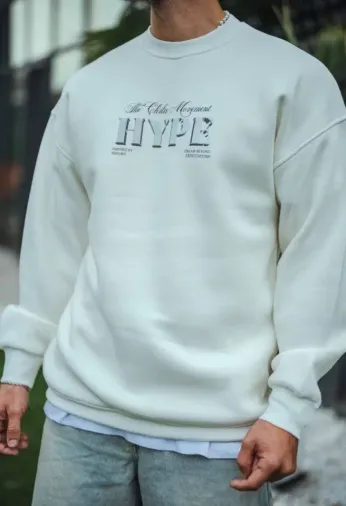Üç İplik Bisiklet Yaka Baskılı SweatShirt - Beyaz - S - Beyaz