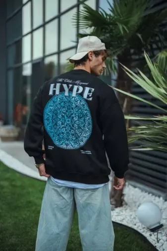 Üç İplik Bisiklet Yaka Baskılı SweatShirt - Siyah - M - Siyah