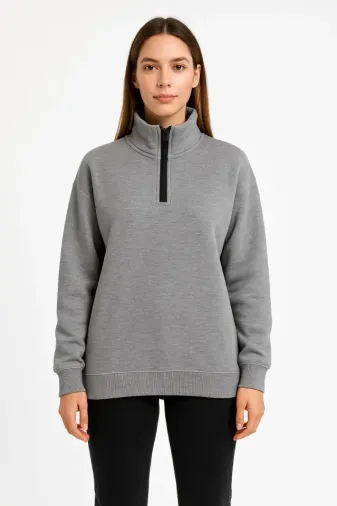 Üç İplik Dık Yaka Yarım Fermuarlı SweatShirt - Gri - XL - Gri