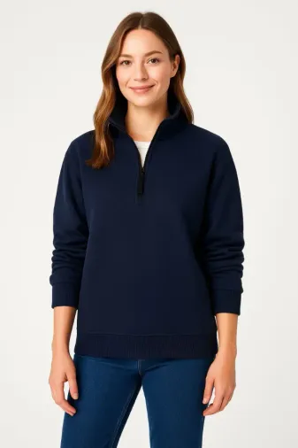 Üç İplik Dık Yaka Yarım Fermuarlı SweatShirt - Lacivert - XL - Lacivert