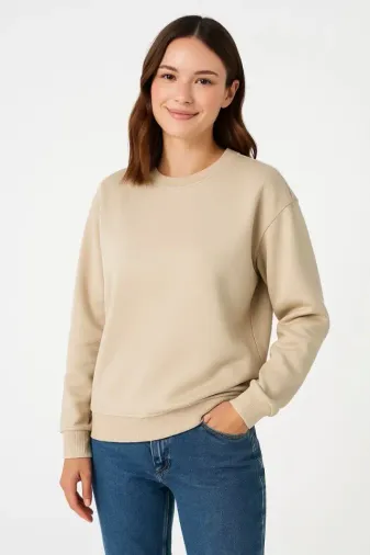 Üç İplik Düz Bisiklet Yaka SweatShirt - Bej - M - Bej