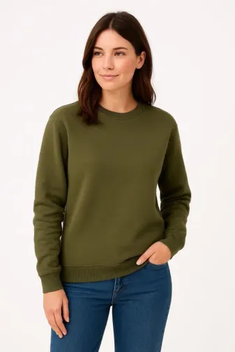 Üç İplik Düz Bisiklet Yaka SweatShirt - Haki - L - Haki
