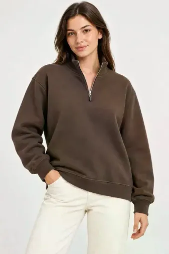 Üç İplik İçi Şardonlu Dik Yaka Yarım Fermuarlı Kışlık Sweatshirt - Kahverengi - S - Kahverengi