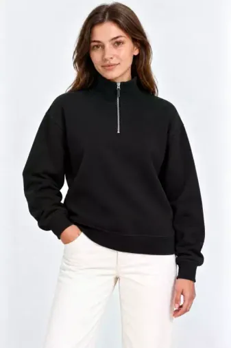 Üç İplik İçi Şardonlu Dik Yaka Yarım Fermuarlı Kışlık Sweatshirt - Siyah - M - Siyah