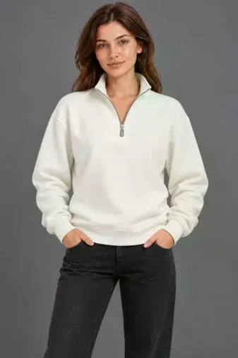 Üç İplik İçi Şardonlu Dik Yaka Yarım Fermuarlı Kışlık Sweatshirt - Beyaz - 2XL - Beyaz
