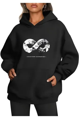 Üç İplik Kapşonlu 10 Kasıma Özel SweatShirt - Siyah - S - Siyah