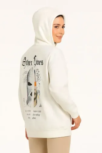 Üç İplik Kapşonlu ön Ve Arka Baskılı SweatShirt Hoodie- Beyaz - 2XL - Beyaz