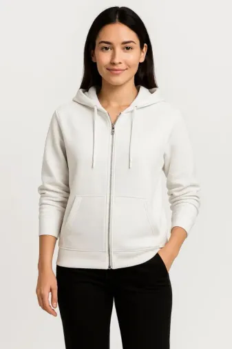 Üç İplik Kapüşonlu Tam Fermuarlı Kanguru Çepli SweatShirt Hoodie - Beyaz - M - Beyaz