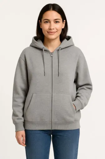 Üç İplik Kapüşonlu Tam Fermuarlı Kanguru Çepli SweatShirt Hoodie - Gri - XL - Gri