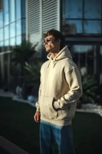 Üç İplik Penye Kapşonlu Basic SweatShirt - Bej - XL - Bej