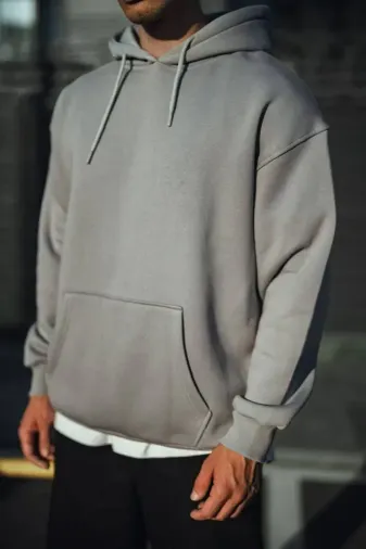 Üç İplik Penye Kapşonlu Basic SweatShirt - Boyalı Gri - XL - Boyalı Gri