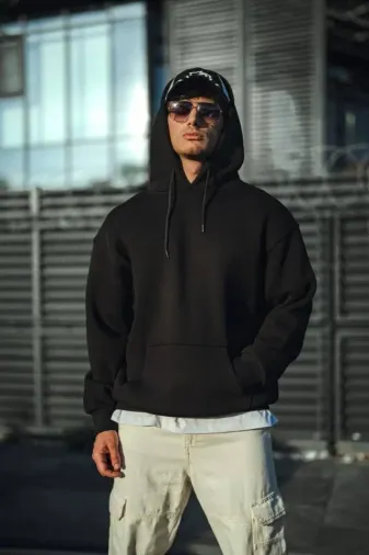 Üç İplik Penye Kapşonlu Basic SweatShirt - Siyah - 2XL - Siyah