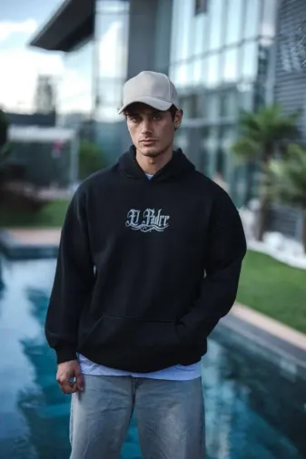 Üç İplik Penye Kapşonlu Baskılı SweatShirt - Siyah - 2XL - Siyah