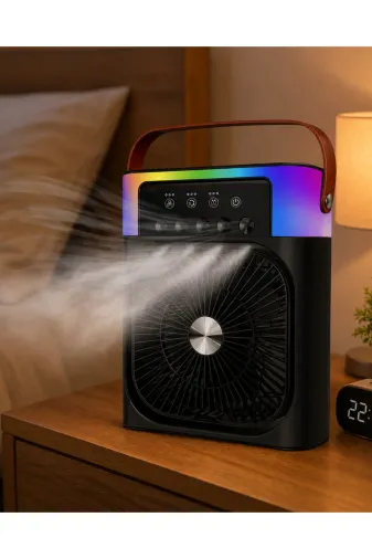 UCUZTEKNO UCZZZIŞIKLIFAN5005SİYAH-3 Trendlia Rgb Işıklı Buharlı Masaüstü Fan Sessiz Çalışan Usb Şarjlı Taşınabilir Fan