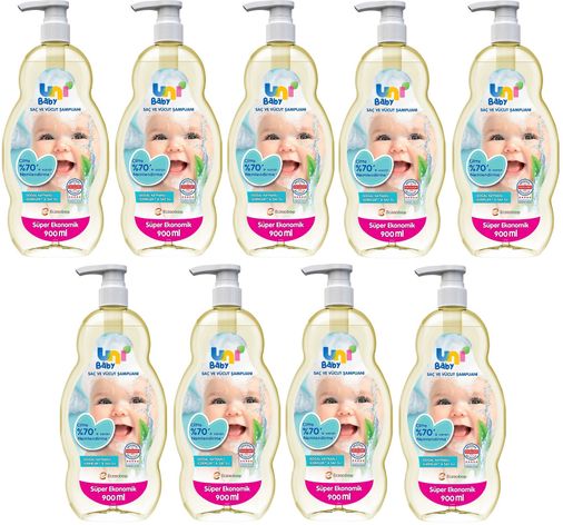 Uni Baby Bebek Saç ve Vücut Şampuanı 900ML Klasik (Pompalı) (9 Lu Set)